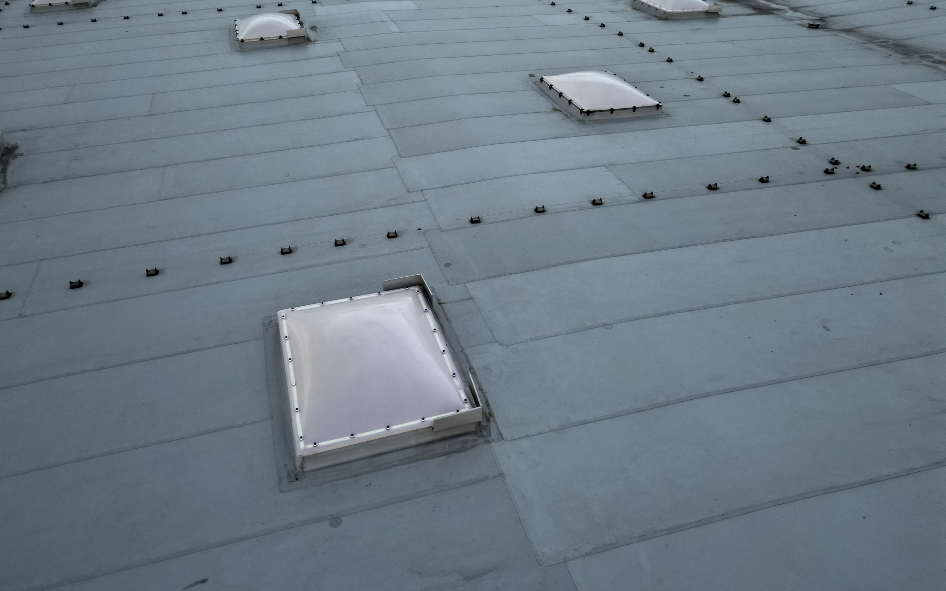 Flat industrial roof with rectangular skylights